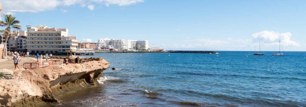 Beautiful seascape landscape and holiday apartments along the coast of El Medano, Costa del Silencio, Tenerife, Spain