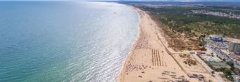 Aerial. The coastal spit of the Algarve, the beaches Monte Gordo and Altura